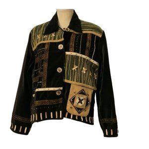 Yak Magik Jacket Womens Black Button Front Art To Wear Unique Velvet Indie Boho